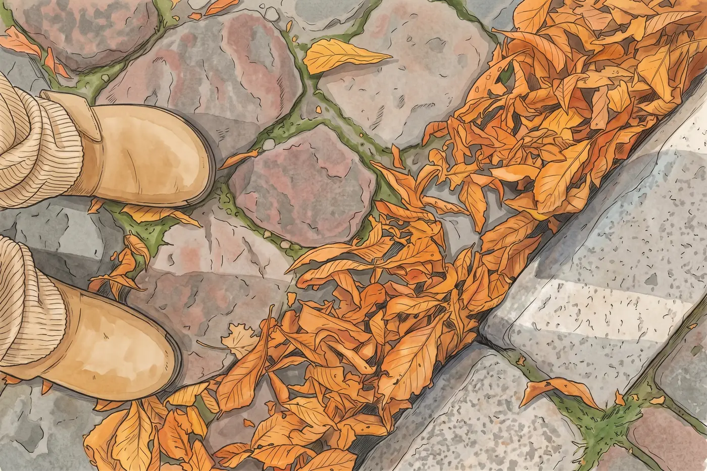Goldenes Herbstlaub auf einer nassen Kopfsteinpflasterstraße