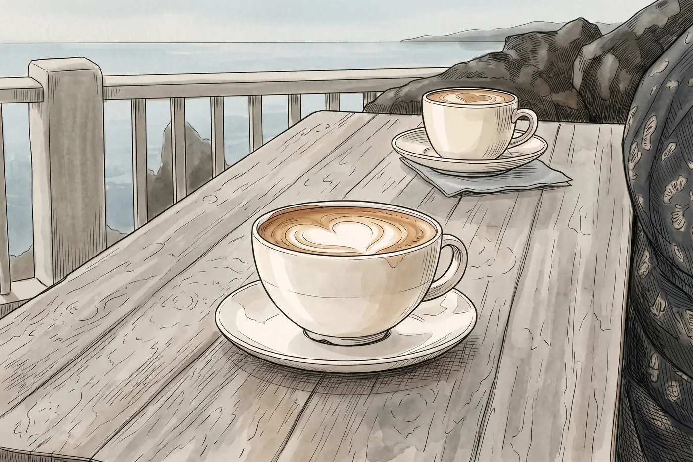 Illustration: Two cups of coffee on a wooden table