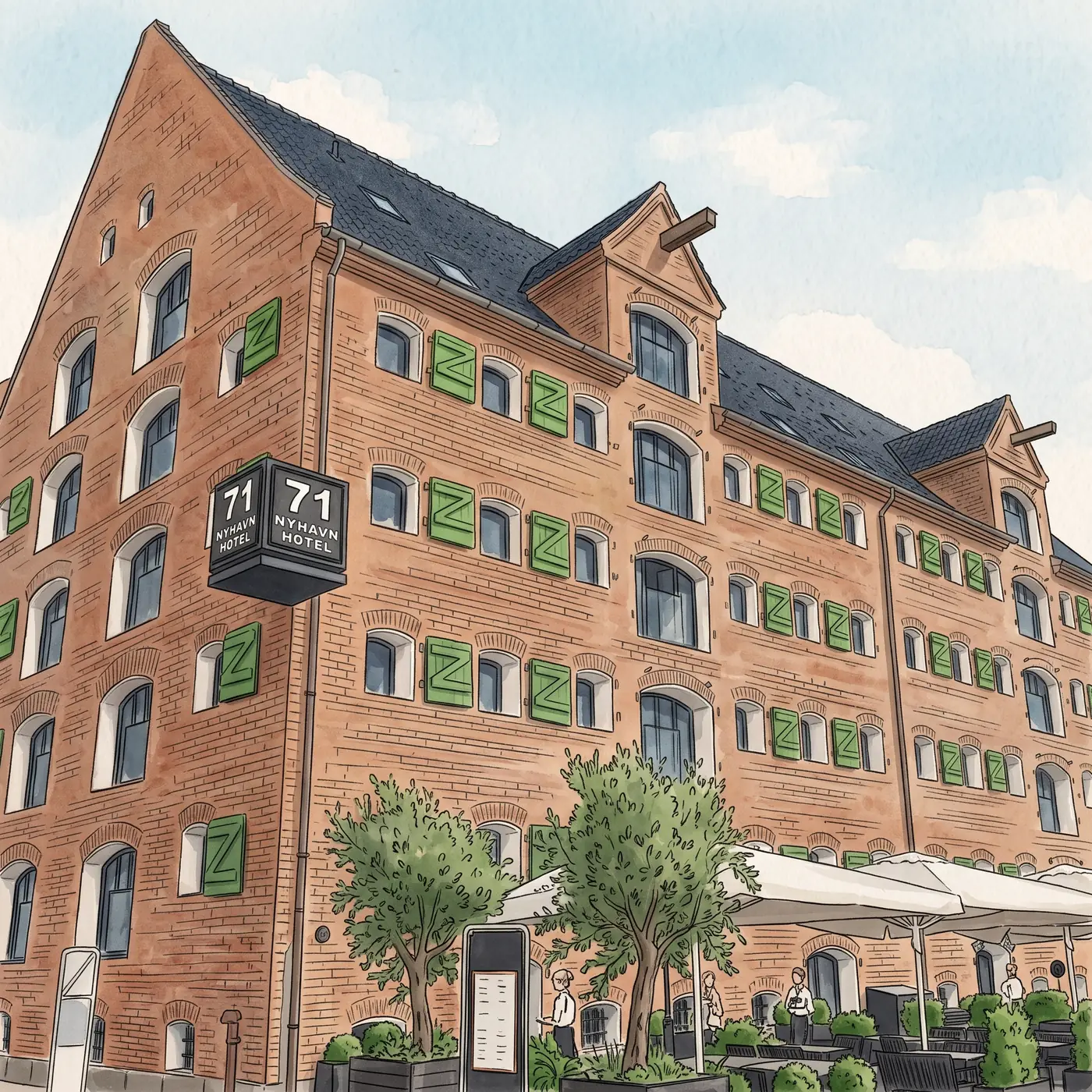Watercolour drawing of 71 Nyhavn Hotel in Nyhavn