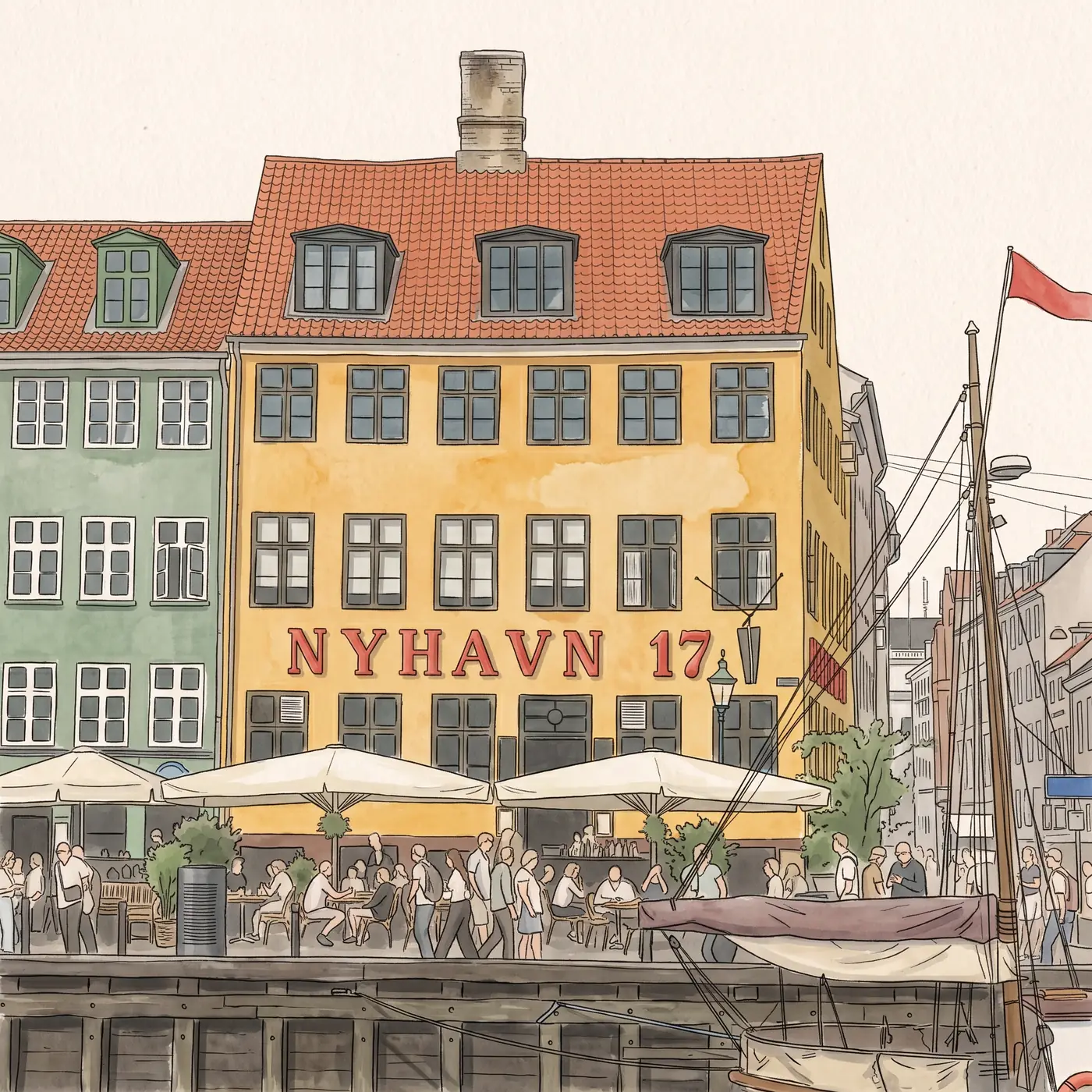 Watercolour drawing of Brasserie Nyhavn 17 in Nyhavn