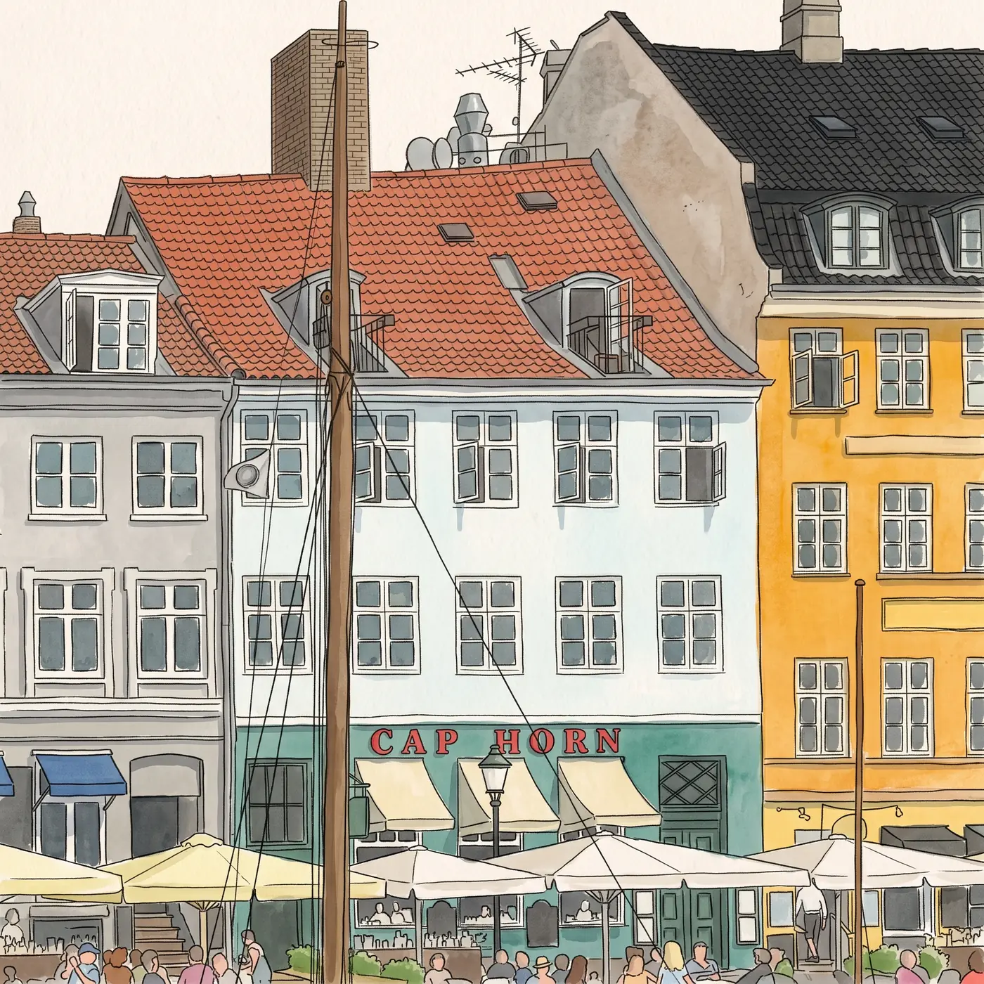 Watercolour drawing of Restaurant Cap Horn in Nyhavn