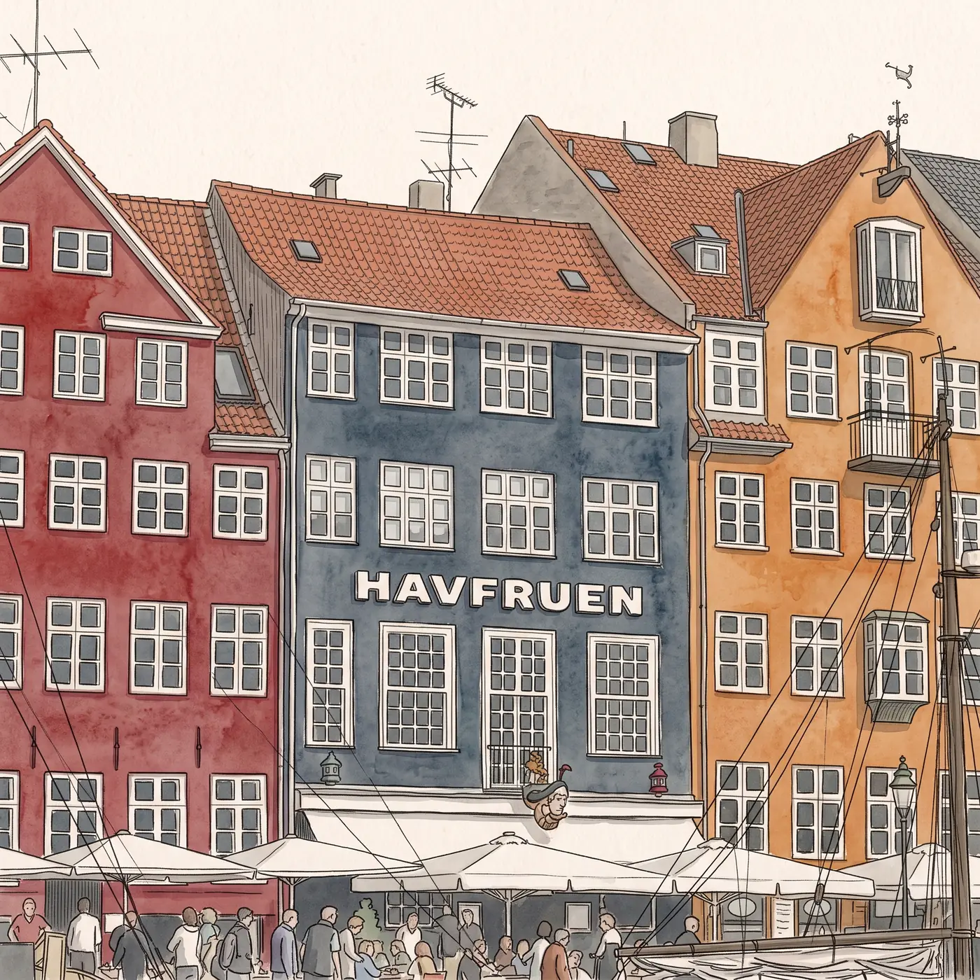 Watercolour drawing of Restaurant Havfruen in Nyhavn