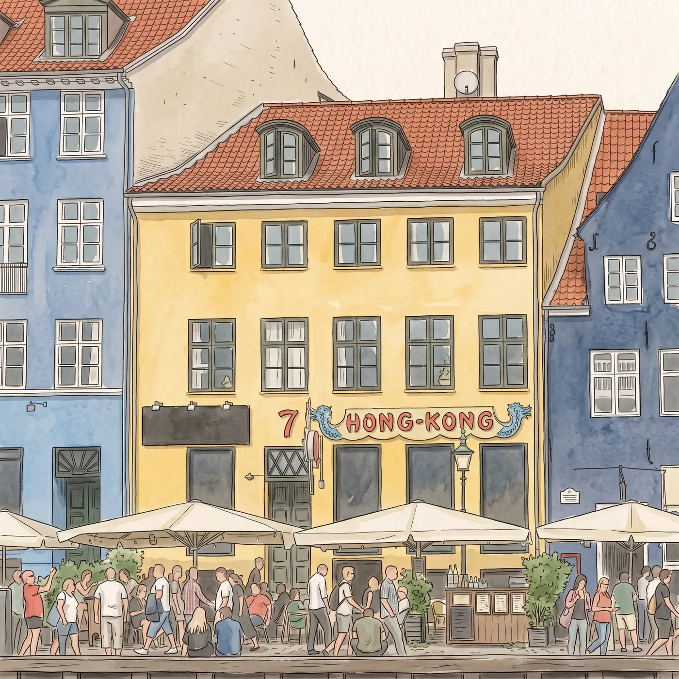 Watercolour drawing of Hong Kong Bar in Nyhavn