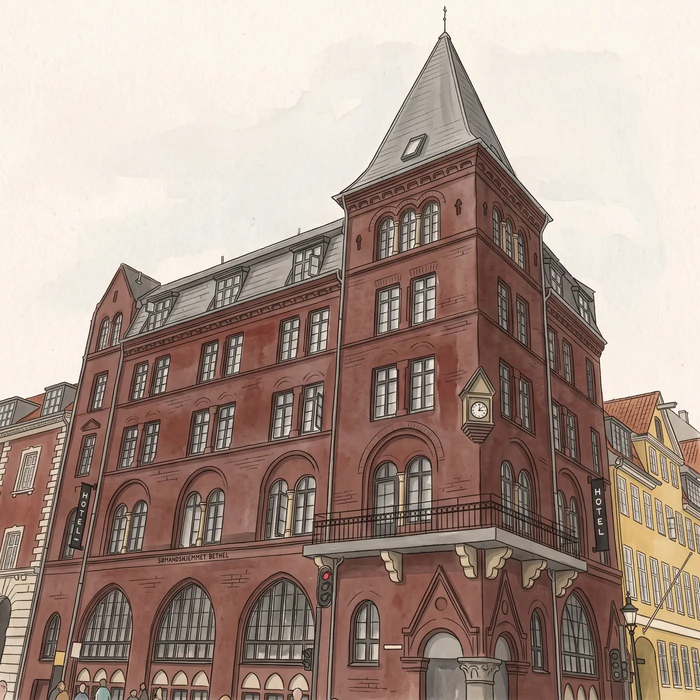 Watercolour drawing of Hotel Bethel in Nyhavn
