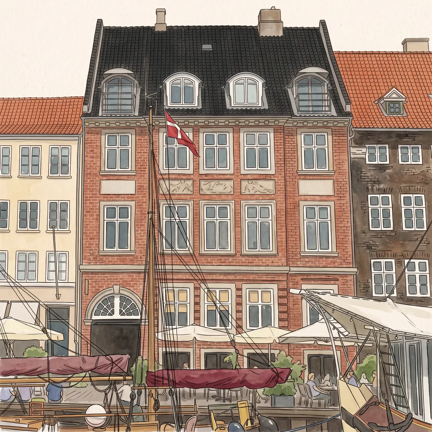 Watercolour drawing of Restaurant Hummer in Nyhavn