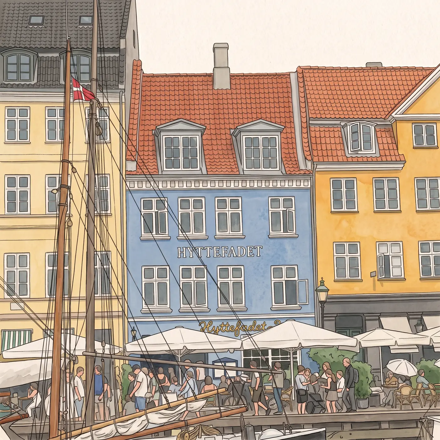 Watercolour drawing of Restaurant Hyttefadet in Nyhavn