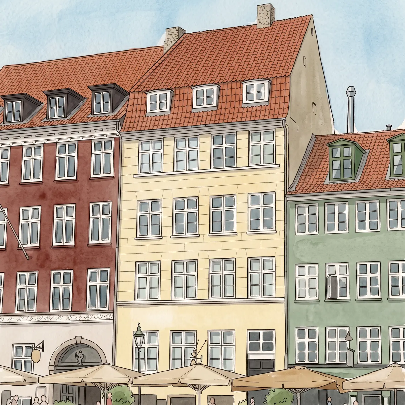 Watercolour drawing of Cafe Klods Hans in Nyhavn