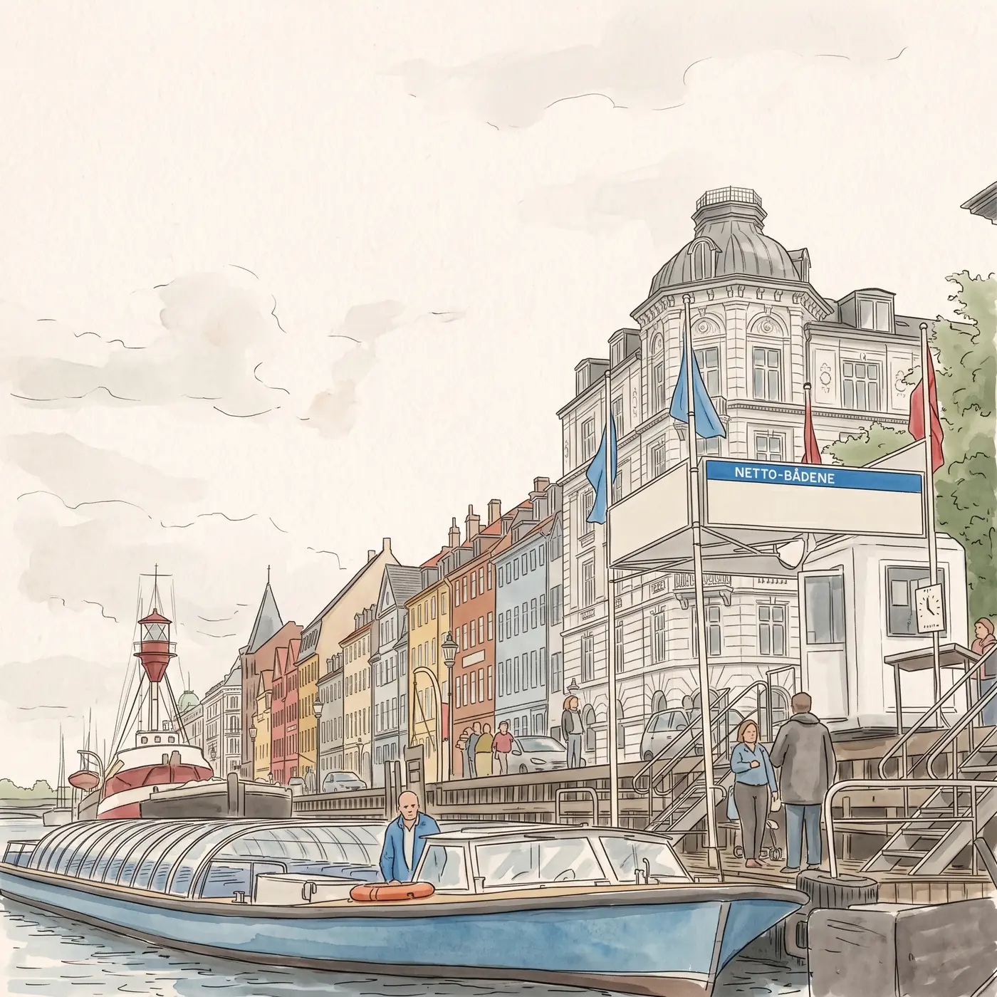 Watercolour drawing of Netto-Bådene Canal Tours in Nyhavn