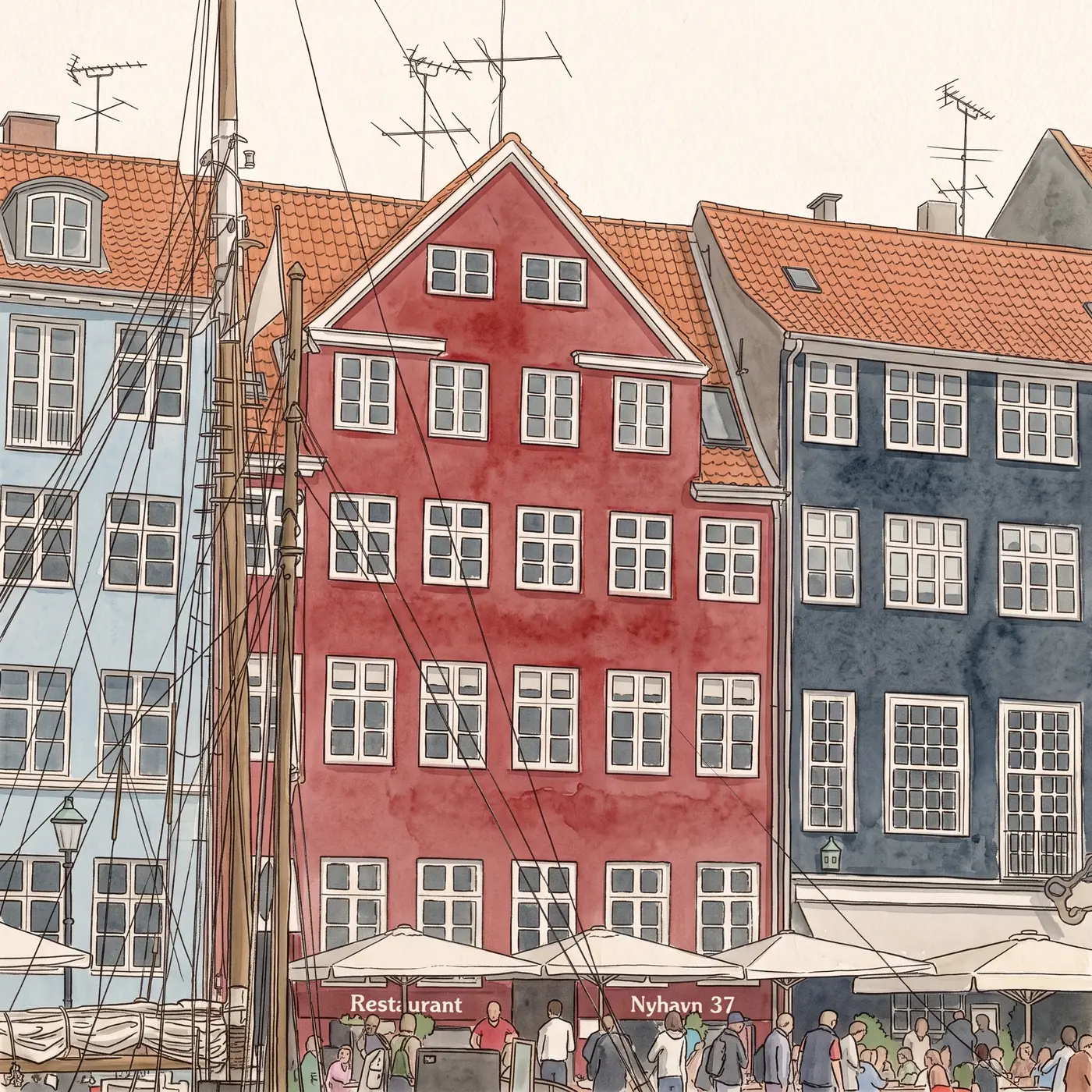 Watercolour drawing of Restaurant Nyhavn 37 in Nyhavn
