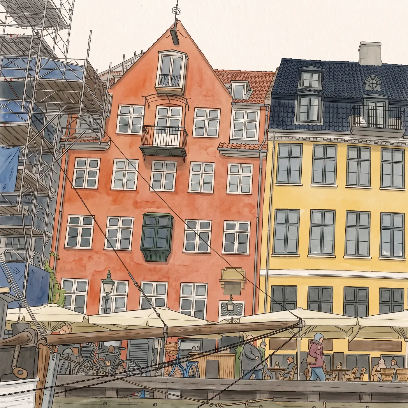 Watercolour drawing of Restaurant Nyhavn 41 in Nyhavn