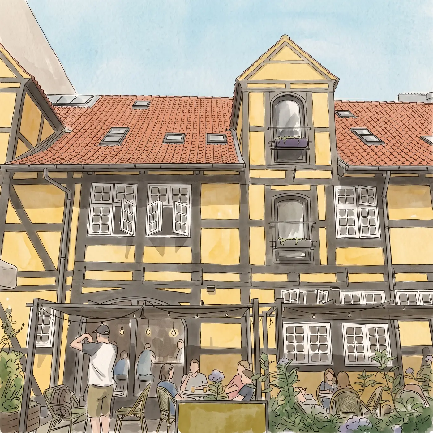 Watercolour drawing of Nyhavn63 Capsule Hotel in Nyhavn
