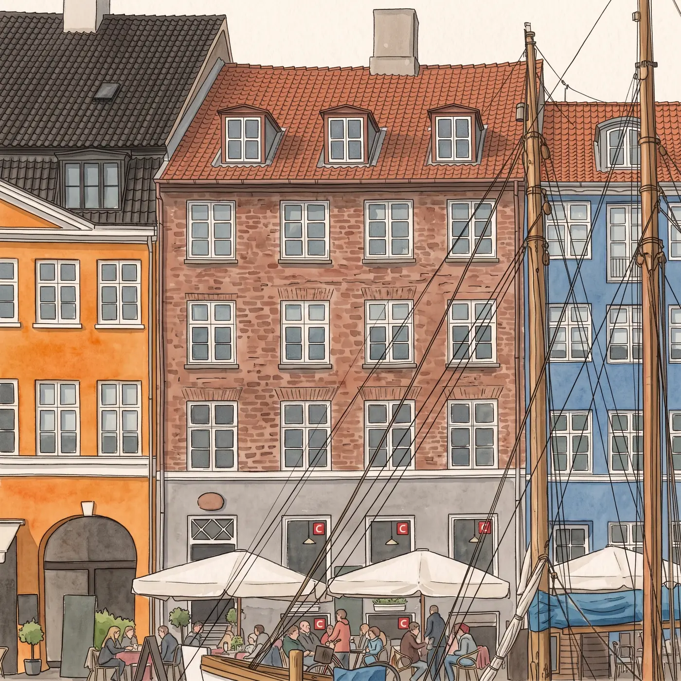 Watercolour drawing of Restaurant NyhavnC in Nyhavn