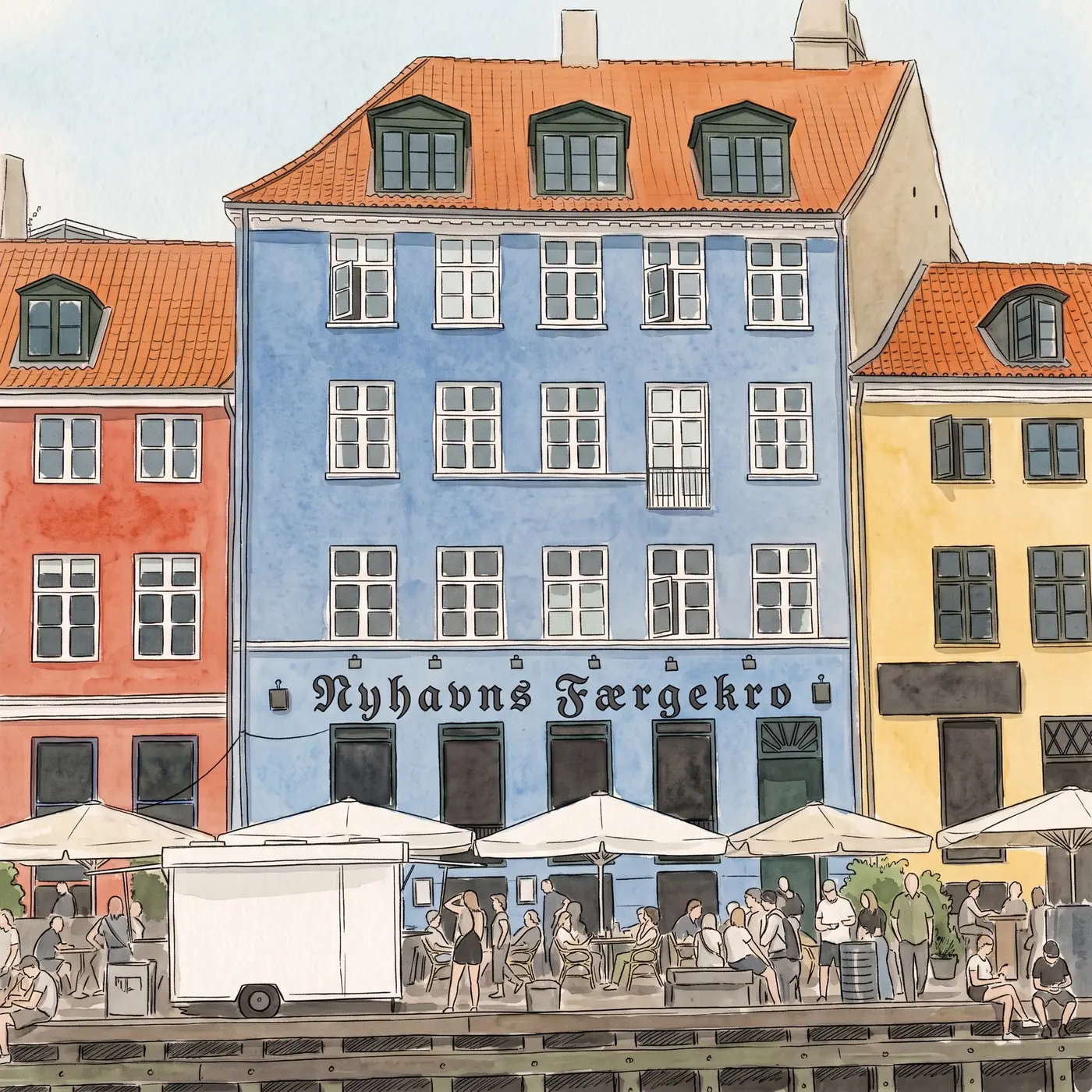Watercolour drawing of Nyhavns Færgekro in Nyhavn