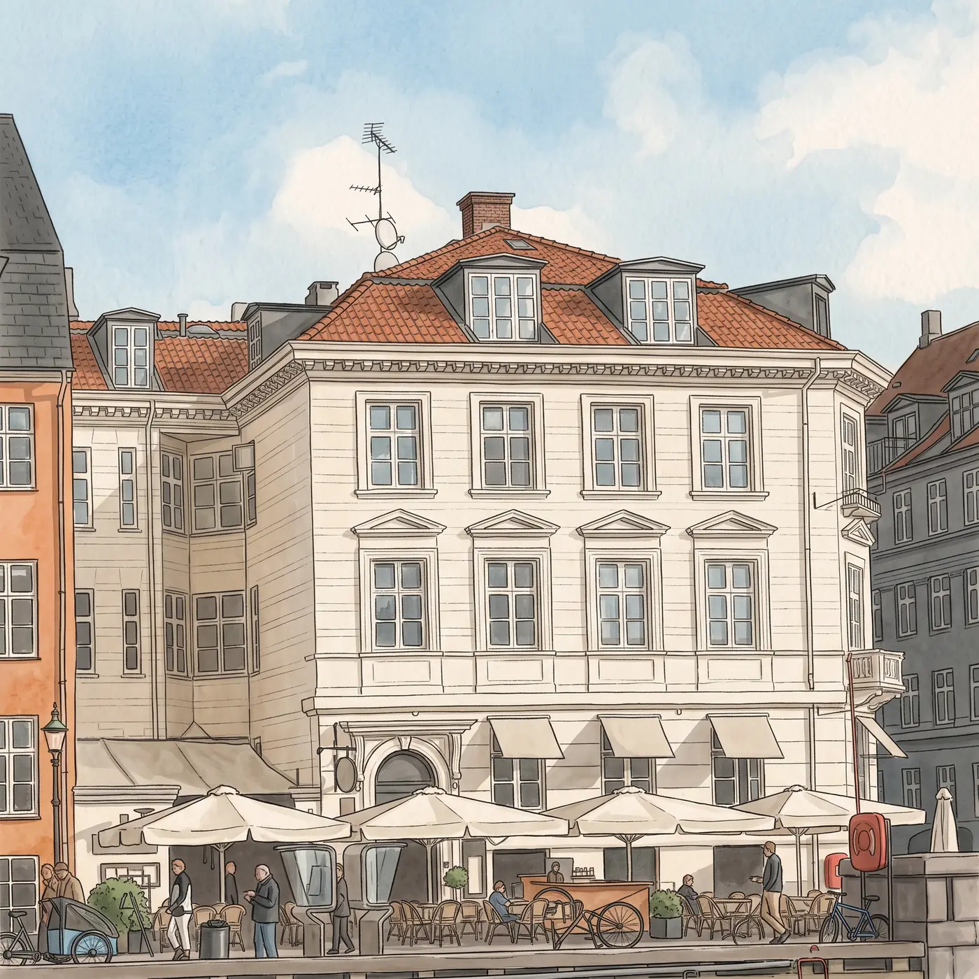 Watercolour drawing of Nyhavnskroen in Nyhavn