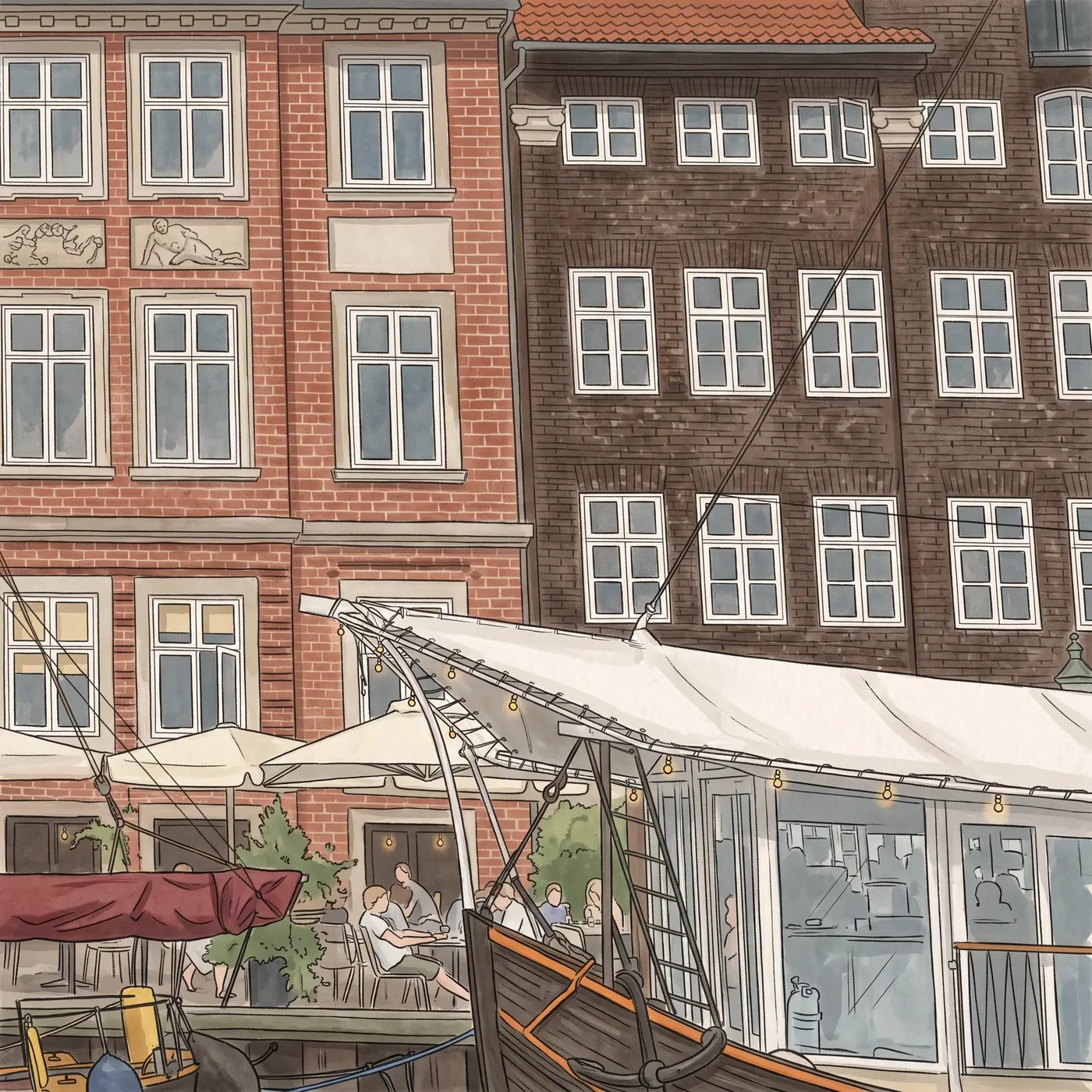 Watercolour drawing of Restaurant Oranje in Nyhavn
