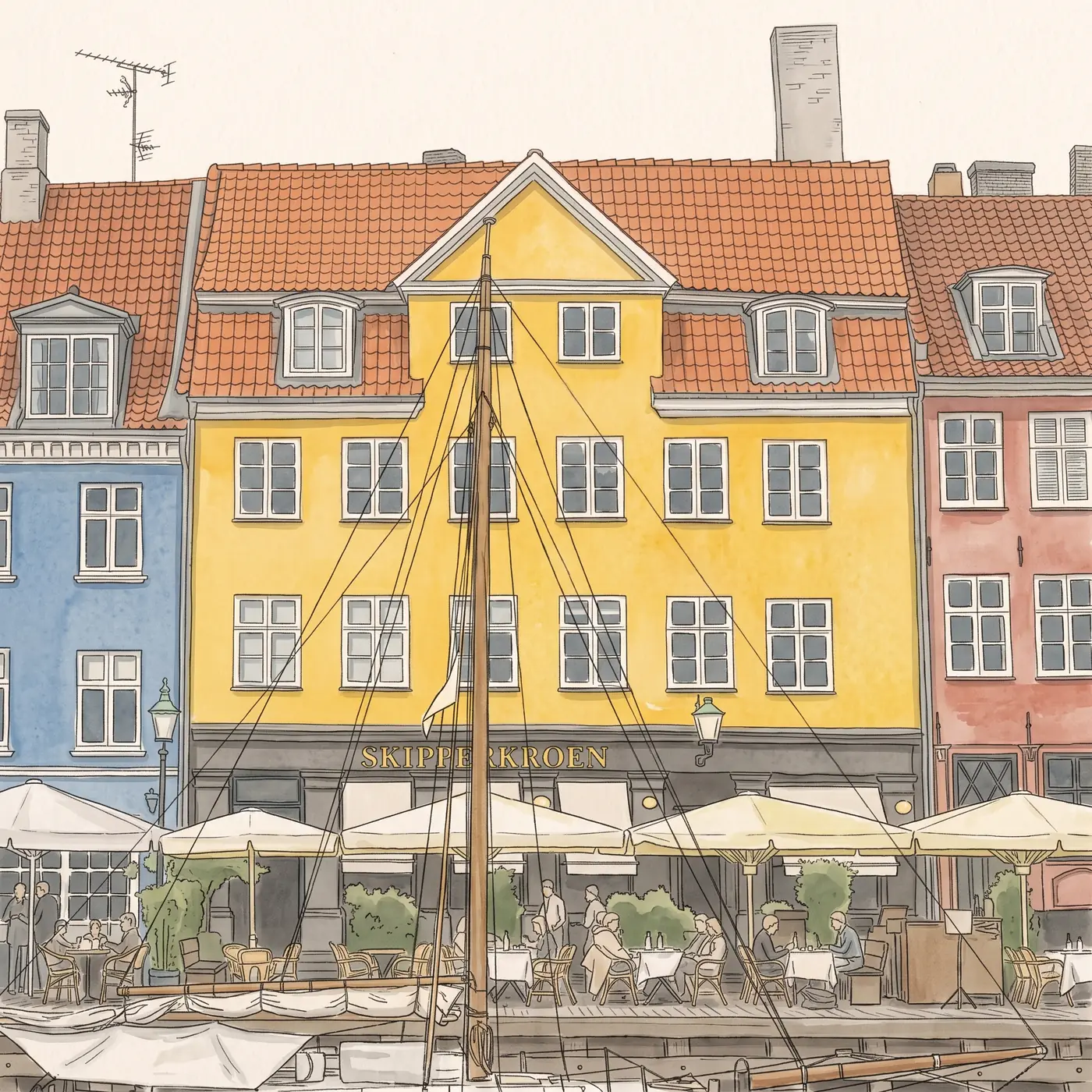 Watercolour drawing of Restaurant Skipperkroen in Nyhavn