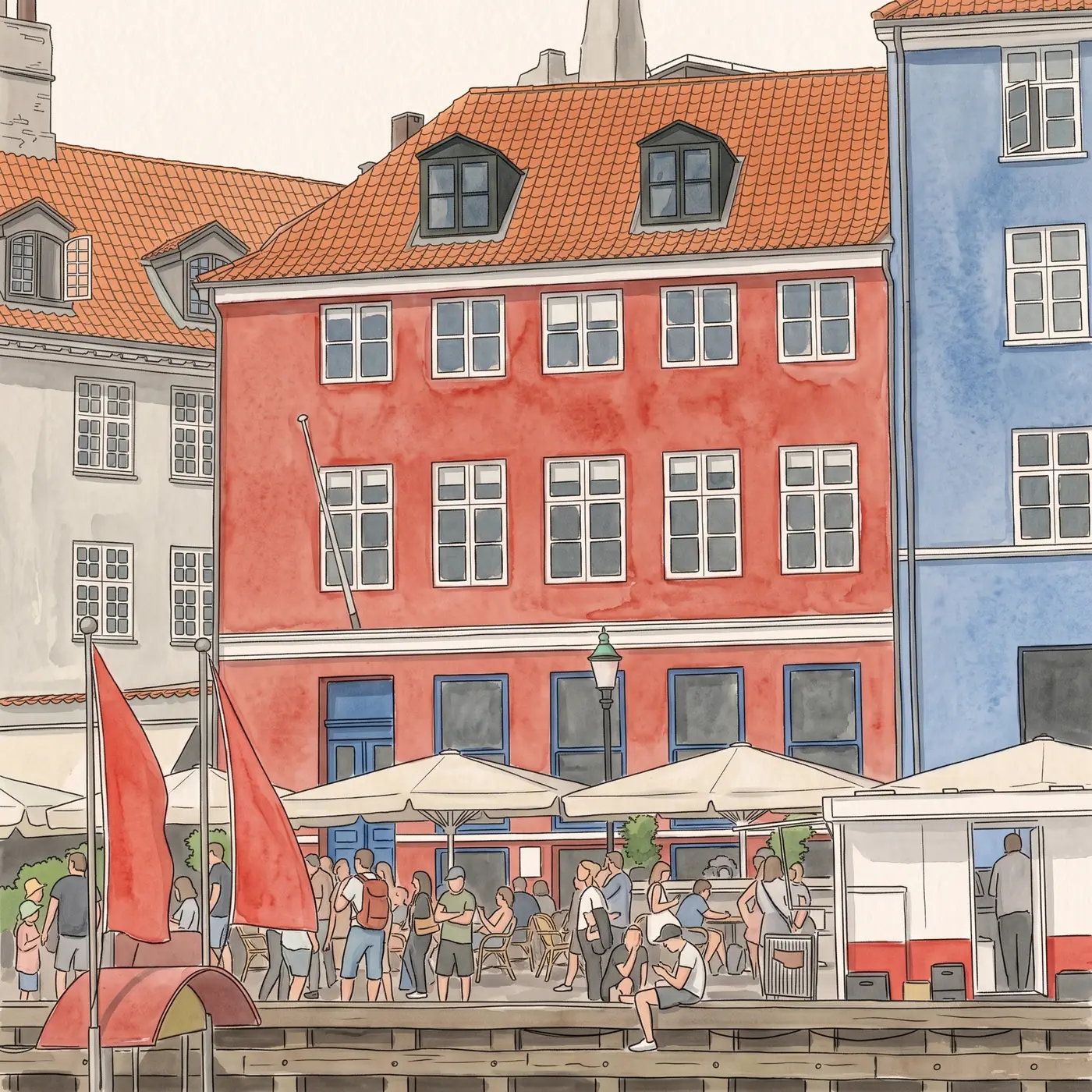 Watercolour drawing of Stromma Canal Tours Ticket House in Nyhavn