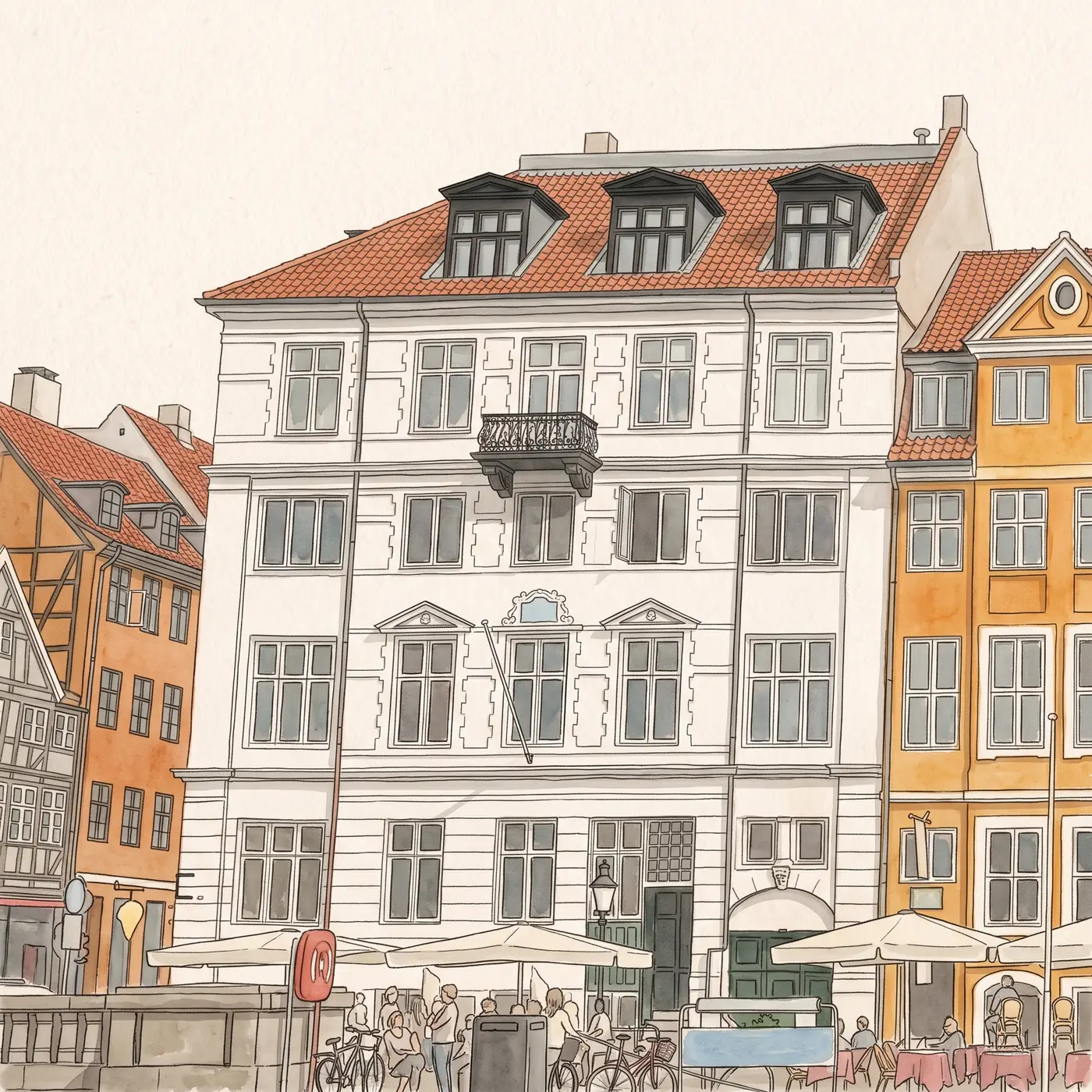 Watercolour drawing of Vaffelbageren in Nyhavn