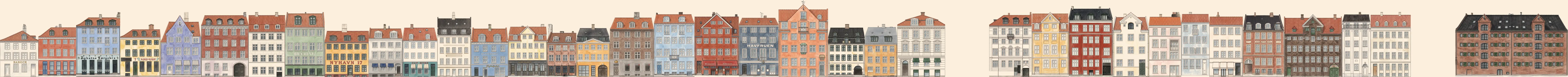 The sunny side of Nyhavn, nos. 1 to 71, drawn house by house