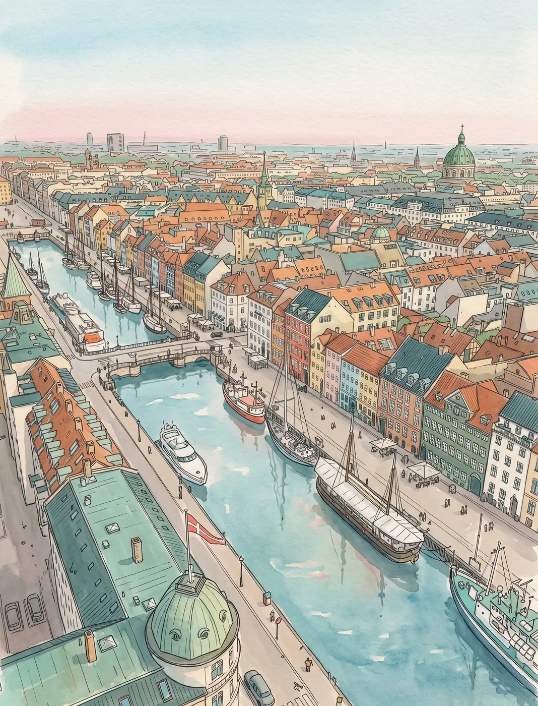 The Nyhavn canal seen from above with boats along the quay