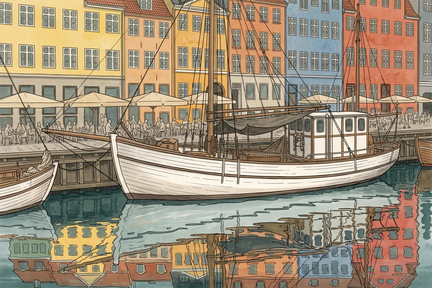 Watercolour of a white wooden boat in Nyhavn with the coloured houses reflected in the water