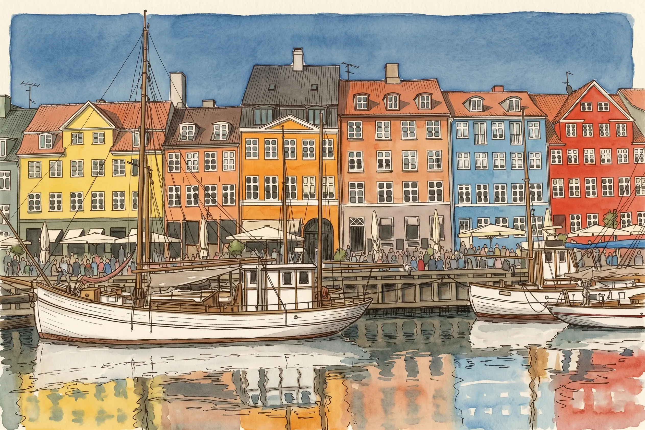 Illustration: Wooden ships' masts and the colourful Nyhavn houses behind