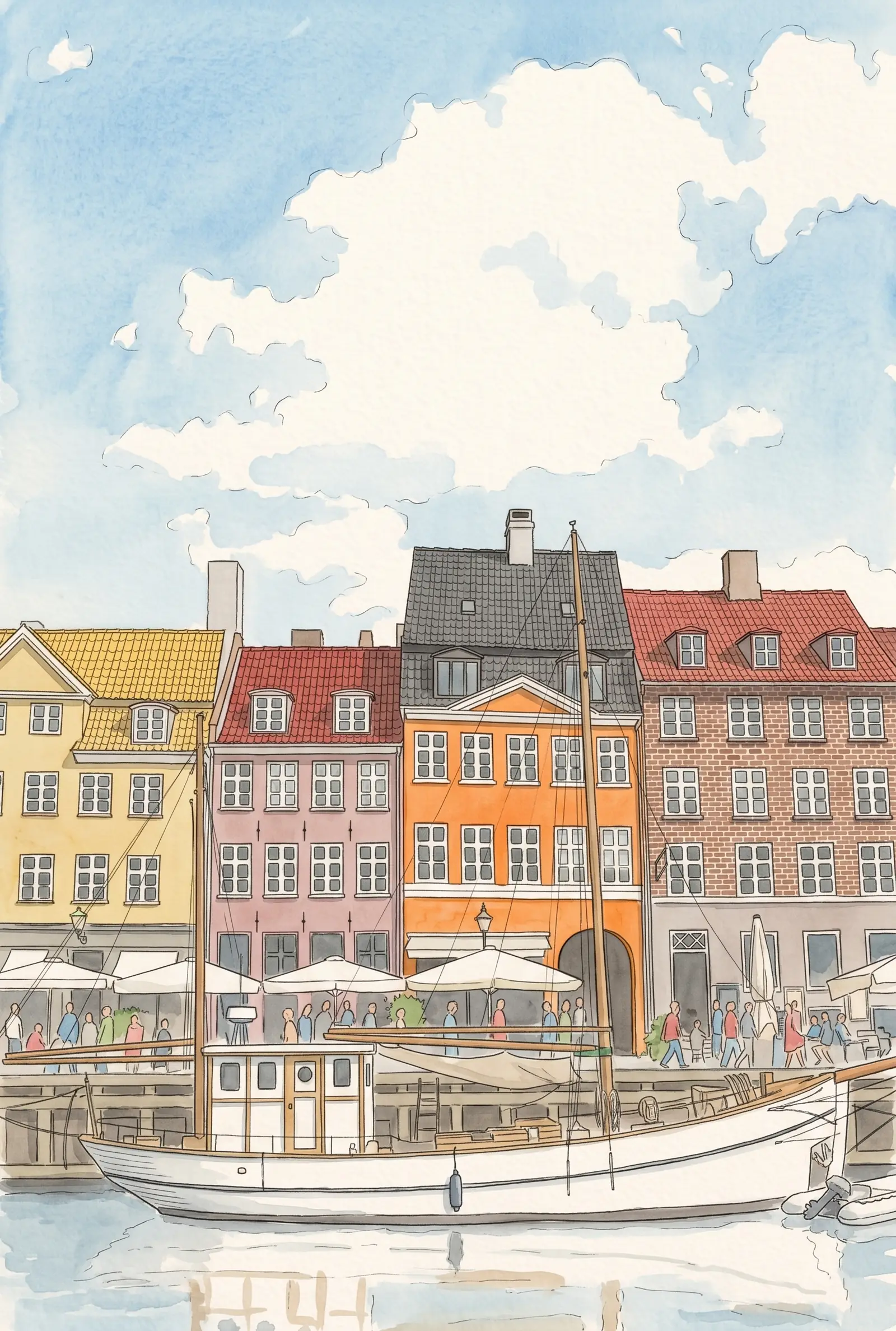 Illustration: Nyhavn's quay with parasols and outdoor dining