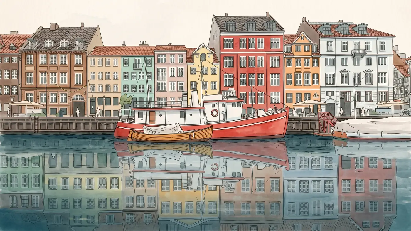 Illustration of Nyhavn's colourful townhouses