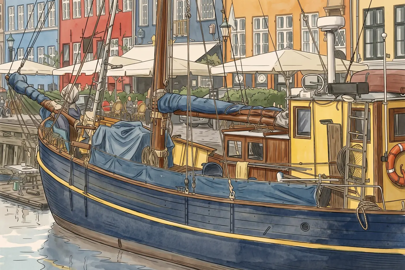 Watercolour of an old blue wooden ship moored at the quay in Nyhavn